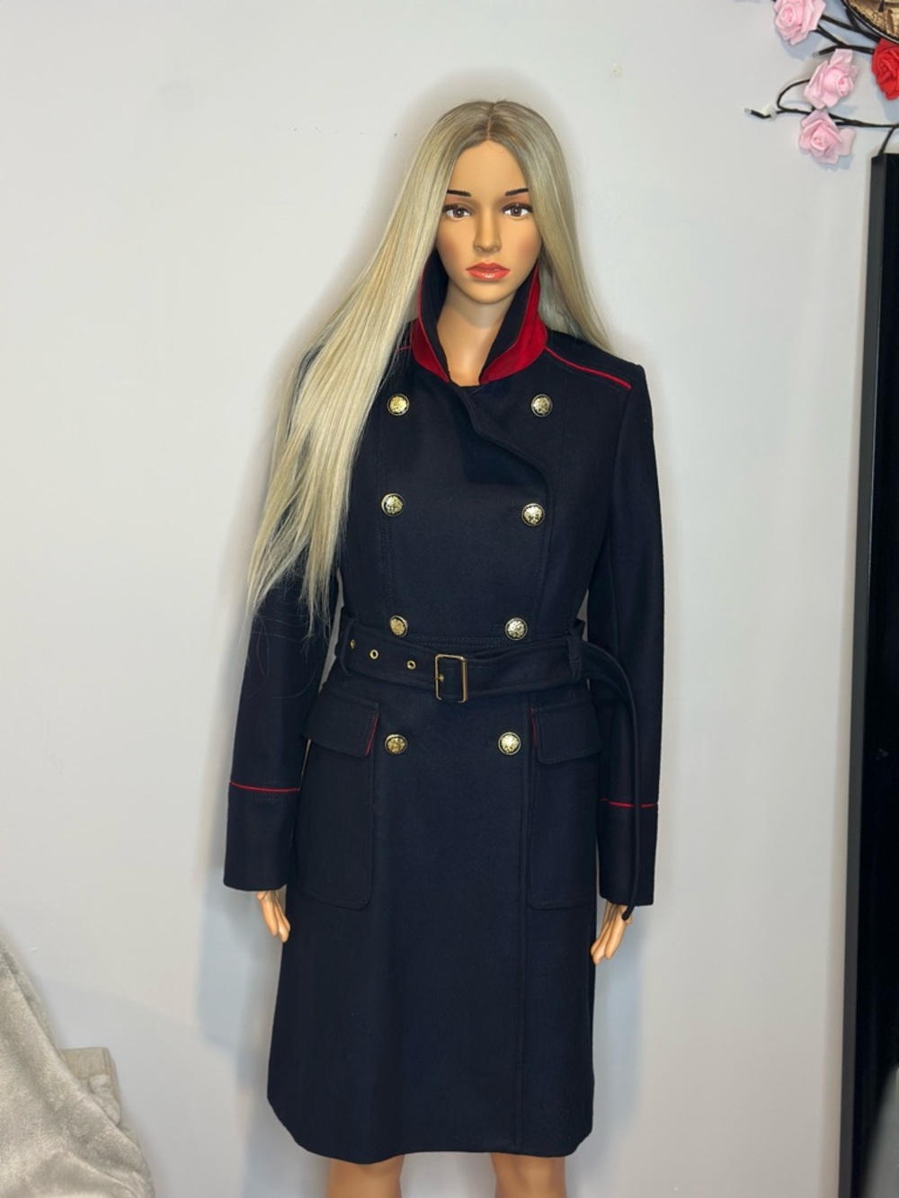 Vince Camuto Wool Navy Double-Breasted Trench Coat with Red Trim Sz S like new - Picture 7 of 12